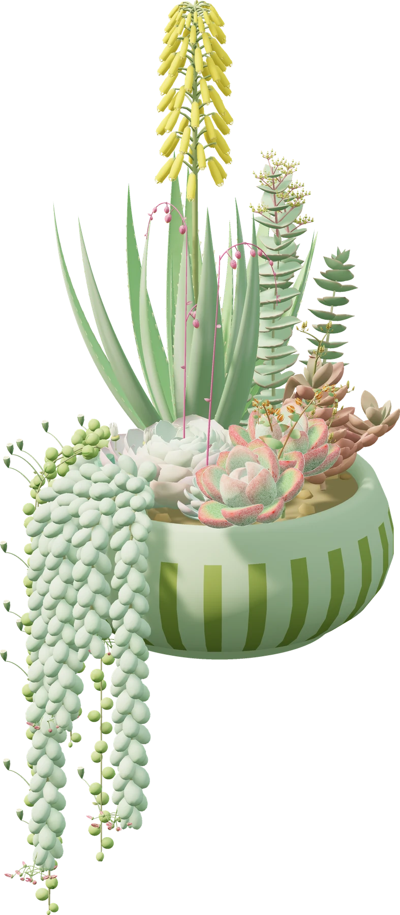 A full Tend garden: yellow aloe flowers, pink-edged rosettes, and trailing succulents growing together in a green striped pot.