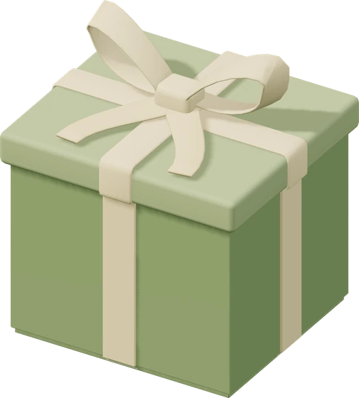 A sage green gift box tied with a cream ribbon.